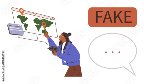 Female character analyzing world map with location markers, holding a tablet, and pointing at data. Red FAKE label and blank speech bubble suggest fraud, misinformation, or hoax. Ideal for research