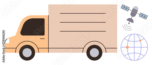 Delivery truck driving alongside satellite emitting signals and connected globe with location markers. Ideal for logistics, transportation, technology, GPS tracking, supply chain, delivery service