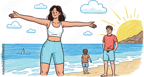 Family enjoying sunny beach day with mother father and child in summer seaside landscape vector illustration