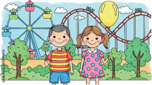 Children enjoying amusement park with roller coaster ferris wheel and balloon in bright colorful vector design