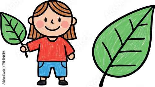 Child holding green leaf smiling cartoon style vector illustration with separate leaf design for nature and environment concepts