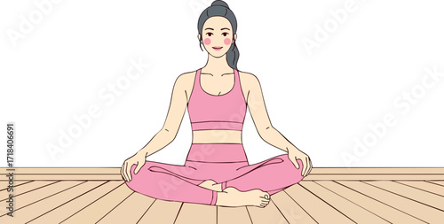 Woman practicing yoga in lotus position wearing pink sportswear on wooden floor vector illustration