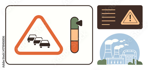 Traffic caution sign, congestion warning gauge, industrial buildings emitting smoke Ideal for pollution, transportation, energy, environment, climate change, urban issues, simple flat metaphor