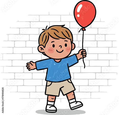 Boy holding red balloon smiling happily standing near white brick wall vector illustration