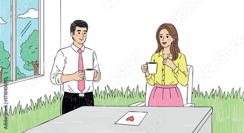 Business colleagues enjoying coffee break together in office with nature view and casual atmosphere