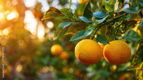 Ripe oranges hanging on a tree branch bathed in golden sunlight
