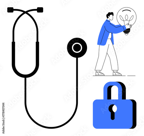 Stethoscope highlighting health, person holding a bulb symbolizing innovation, lock representing security. Ideal for healthcare, protection, creativity, ideas, safeguarding, technology