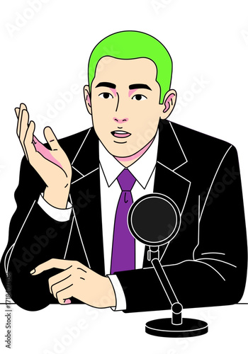 Cartoon Man With Green Hair Podcasting Vector Illustration