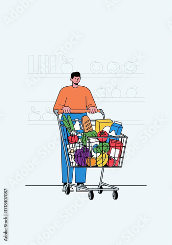 Man Shopping for Groceries With Full Cart Flat Vector