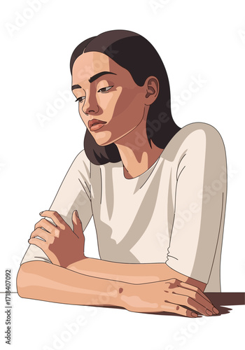 Pensive Young Woman Flat Vector Illustration With Shadows