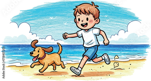 Boy running with dog on sandy beach near ocean under blue sky in playful summer scene vector illustration