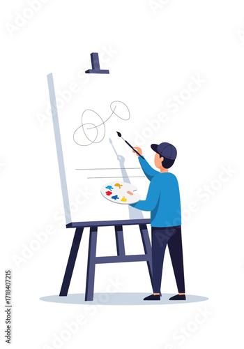 Creative Flat Vector Illustration of an Artist Painting
