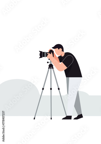 Minimalist Flat Vector Illustration of Man Photographing Outdoors