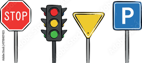 Traffic signs set with stop, traffic light, yield, and parking symbols for road safety and regulation vector illustration