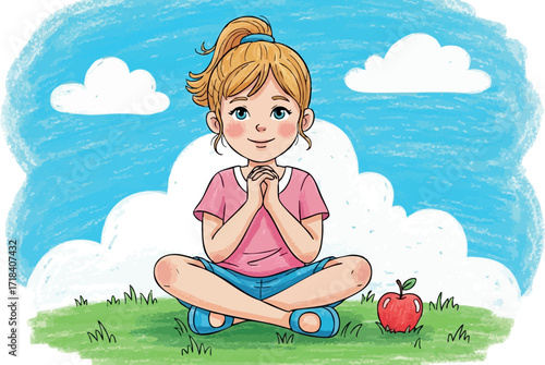 Young girl sitting cross-legged on grass meditating with blue sky background and apple nearby vector illustration