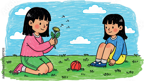 Two happy girls playing with flowers and ball outdoors in sunny park nature scene vector illustration