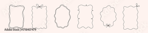 Doodle hand drawn frames with wavy lines, bows and ribbons. Minimalist simple line art. Trendy vintage whimsical borders for wedding invitations, birthday card, prints. Vector modern illustration.