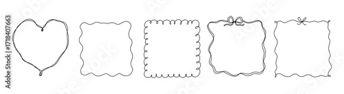 Square and heart frames with bow and ribbons. Hand Drawn coquette borders for wedding invitation. Whimsical frames for birthday card, menu design, party graphic decoration. Minimalist girly line art.