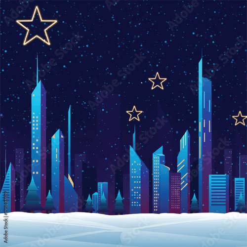 Starry night over a snowy cityscape with illuminated skyscrapers