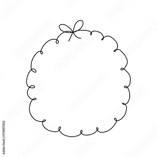 Round whimsical frame with curly ribbon edges and a delicate bow on top, drawn in a continuous line. Coquette and playful style, ideal for invitations, labels, romantic designs, and feminine branding