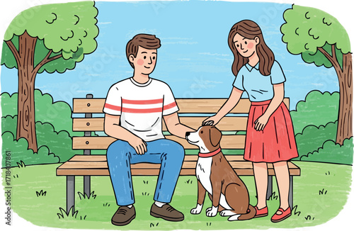 Young couple spending time together on park bench with pet dog enjoying sunny day outdoors vector illustration