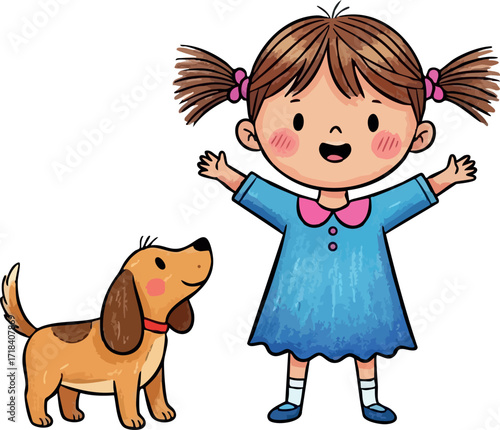 Cute little girl with pigtails wearing blue dress playing happily with small brown dog vector illustration