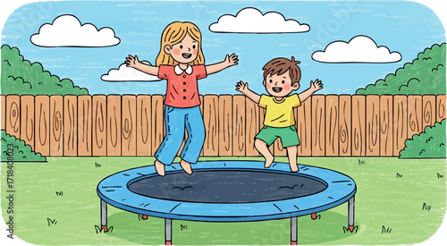 Children jumping on trampoline in backyard with wooden fence and blue sky outdoor play activity