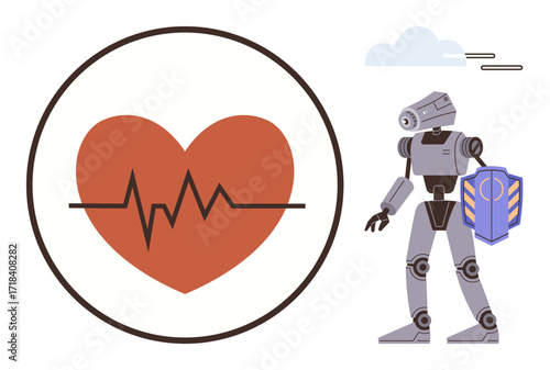 Heartbeat inside circle with AI robot holding shield, representing healthcare protection and innovation. Ideal for healthcare, AI, robotics, medical technology, data protection, future trends, simple