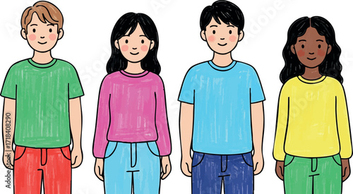 Diverse children standing in colorful casual clothing smiling together vector illustration