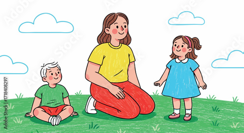 Mother with two children playing outside on green grass under blue sky vector illustration