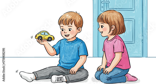 Children playing with toy car indoors boy and girl sitting on floor near blue door casual clothing happy scene