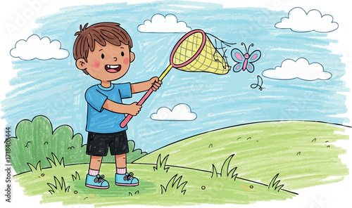 Boy catching butterfly with net in sunny park landscape outdoors playful activity for children