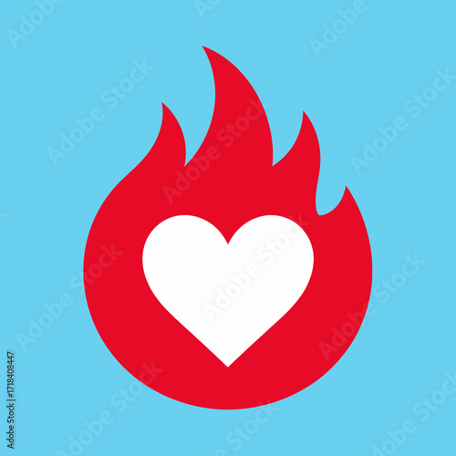 Graphic illustration of a vibrant red flame embracing a pure white heart, symbolizing intense passion, profound affection, and ardent desire for connection