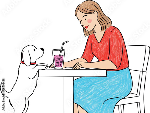Woman sitting at table interacting with dog drinking juice casual friendly scene vector illustration