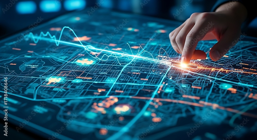 Naklejka premium Smart energy distribution concept. An operator's hand adjusts a slider that diverts power from a low-use to a high-use area on a city map hologram.
