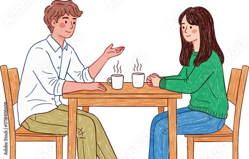 Young man and woman having coffee and conversation at wooden table casual lifestyle scene