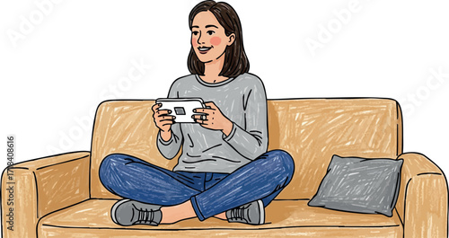 Young woman playing video game sitting cross legged on sofa casual lifestyle interior scene digital vector art