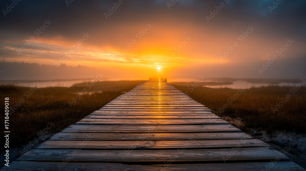 Fototapeta premium Serene wooden walkway extending across wetlands at sunrise, capturing the peaceful transition from night to day with vibrant orange and yellow hues illuminating the sky