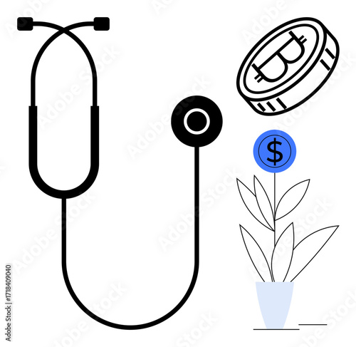 Stethoscope beside cryptocurrency coin and plant with dollar sign, exploring healthcare costs, investment, cryptocurrency, economic growth, financial wellness, medical funding, and decision-making