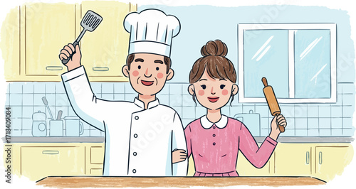 Chef and woman cooking together kitchen scene holding spatula and rolling pin friendly teamwork illustration vector