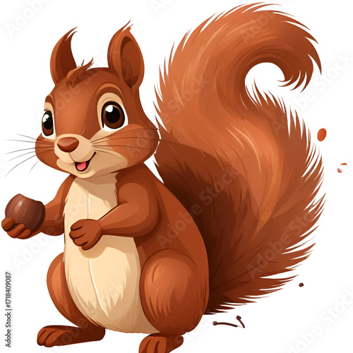 Cute cartoon squirrel holding a nut isolated on transparent background