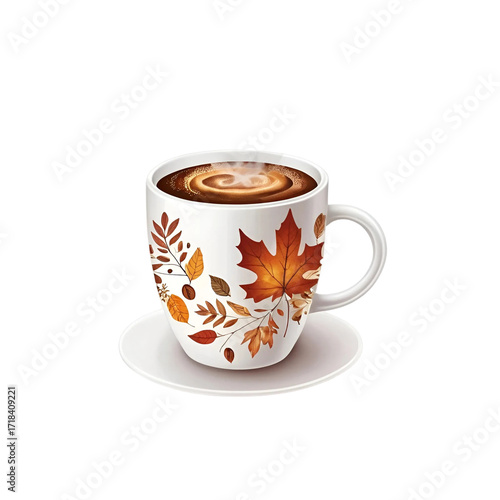 Autumn leaf decorated coffee mug isolated on transparent background