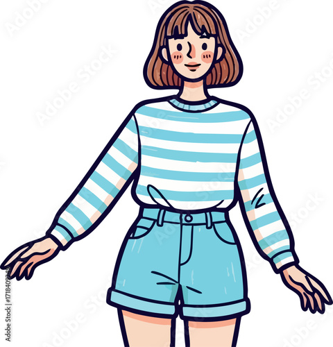 Young woman wearing striped shirt and denim shorts standing with arms slightly outstretched casual style vector illustration