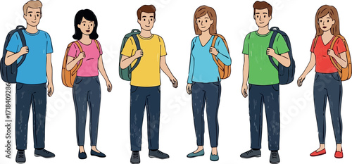 Diverse group of six young adults standing with backpacks casual clothing urban lifestyle scene vector illustration