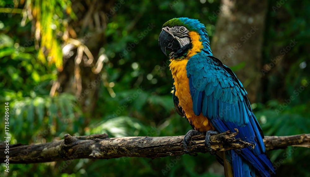 Fototapeta premium Vibrant macaw perched on a branch in a lush jungle