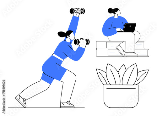 Woman lifting dumbbells while exercising, another working on a laptop atop books, and a potted plant. Ideal for health, productivity, lifestyle, work-life balance, fitness, remote work personal