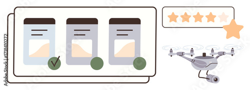 Task cards with progress icons, a quadcopter with a camera, and a star rating system. Ideal for logistics, productivity, project tracking, technology integration, delivery, evaluation simple flat