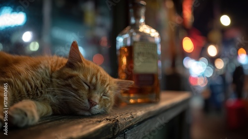 Nightcap: Ginger Cat Napping Next to Whiskey