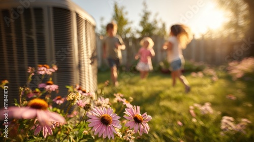 Summer Fun in the Backyard: Children Playing with Air Conditioner in the Background