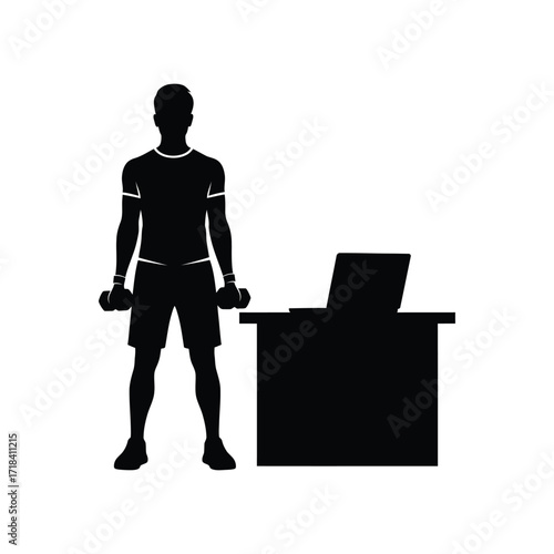 Silhouette of a man exercising with dumbbells while working remotely from home